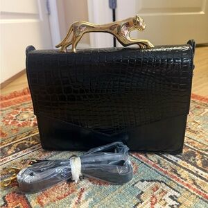 NWOT Black Croc Purse with Gold Jaguar Handle and Crossbody Strap